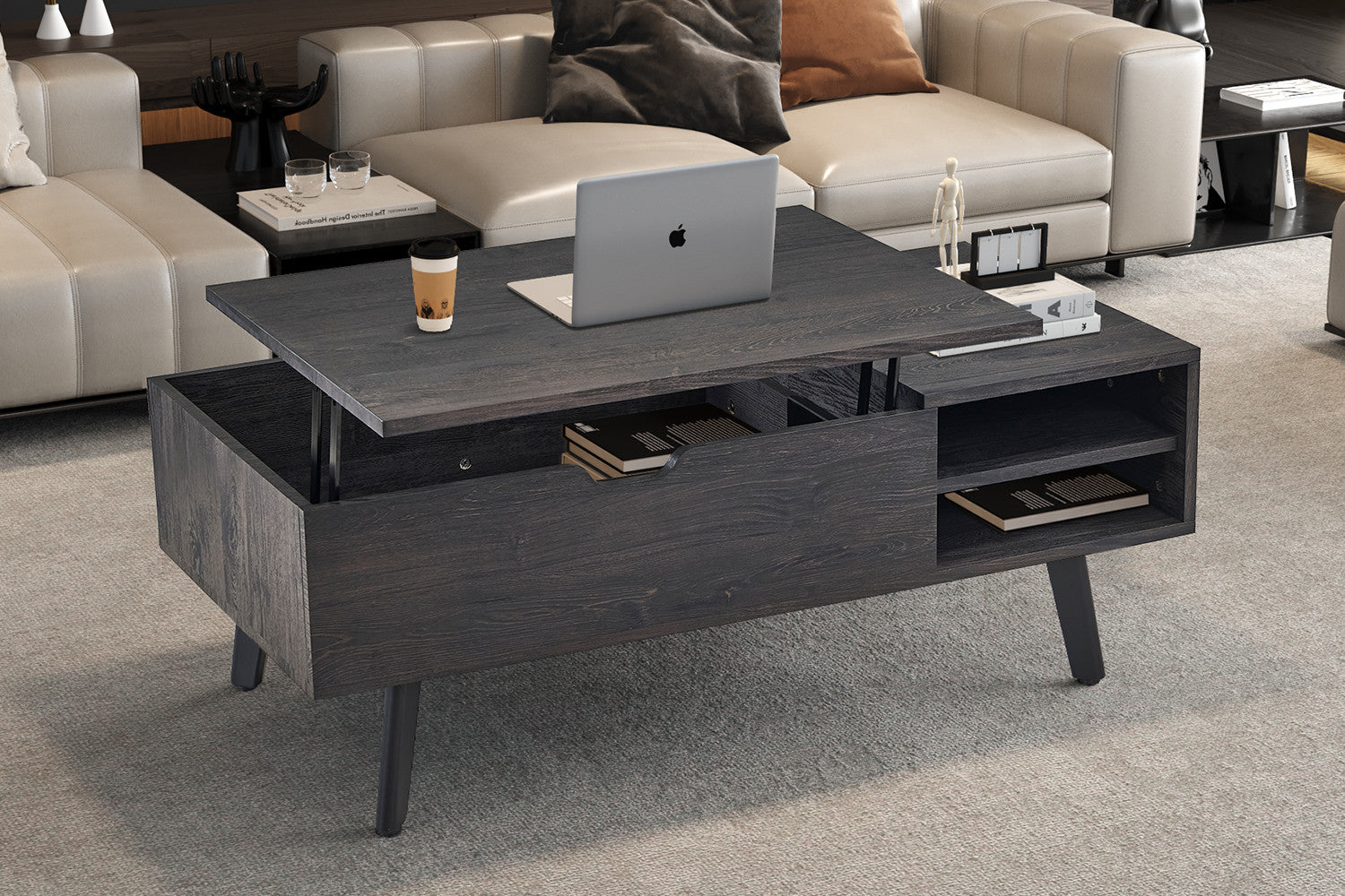 Rousseau - Salontafel Justine - Opklapbare top Decor Donkerbruin - 45/62x120x60 cm