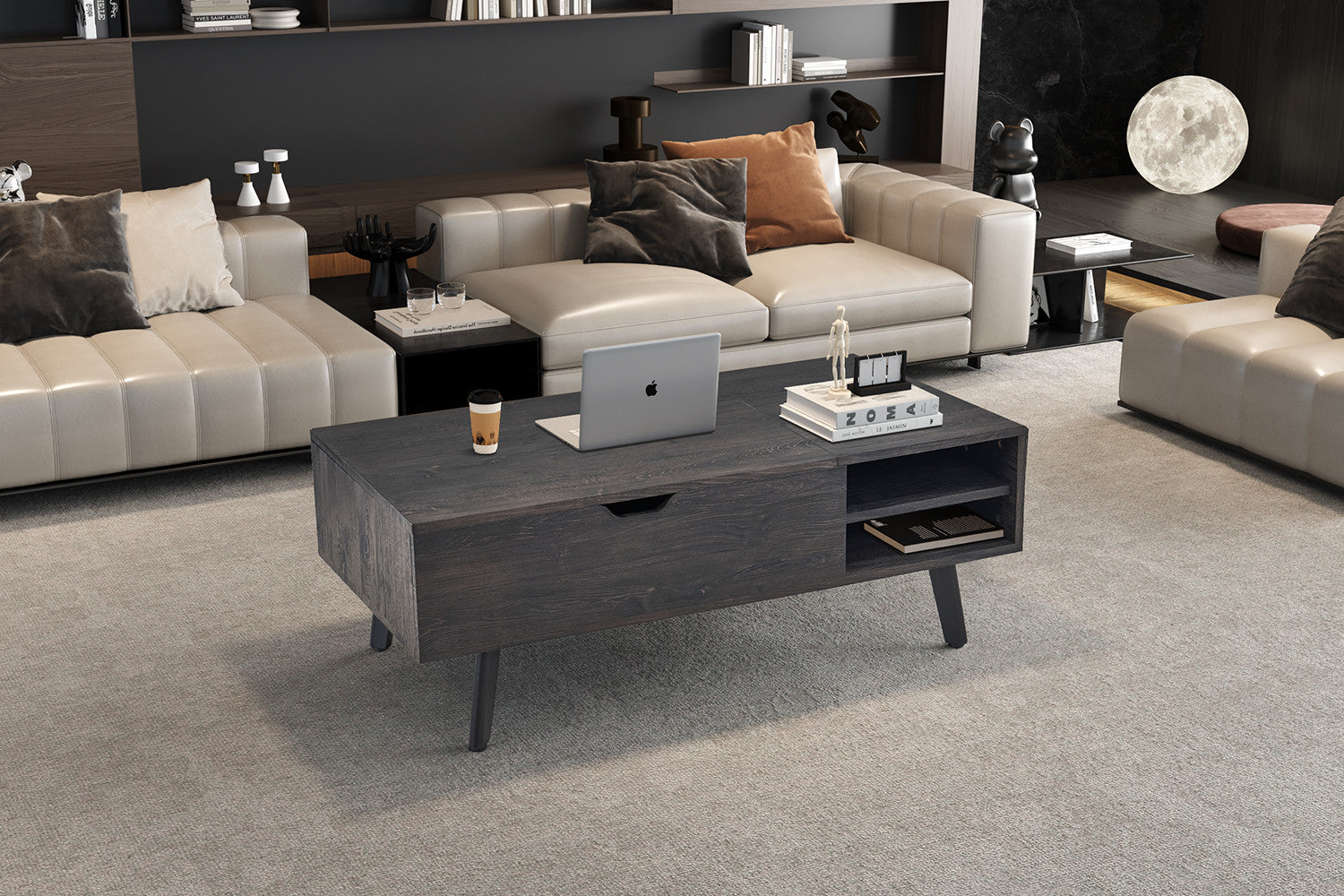 Rousseau - Salontafel Justine - Opklapbare top Decor Donkerbruin - 45/62x120x60 cm