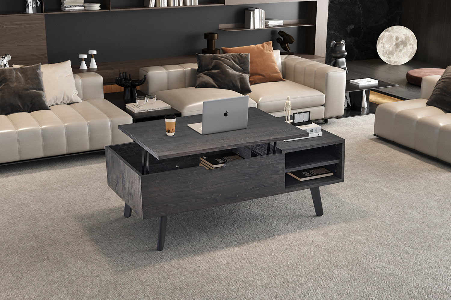 Rousseau - Salontafel Justine - Opklapbare top Decor Donkerbruin - 45/62x120x60 cm