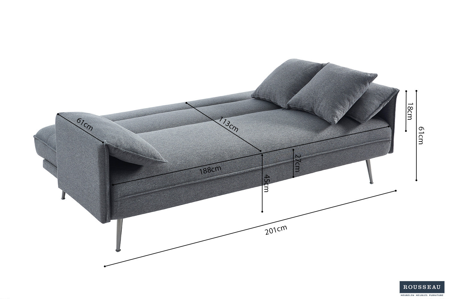 Rousseau - Canapé Lit clic-clac Sivas - Gris - 95x199x89 cm