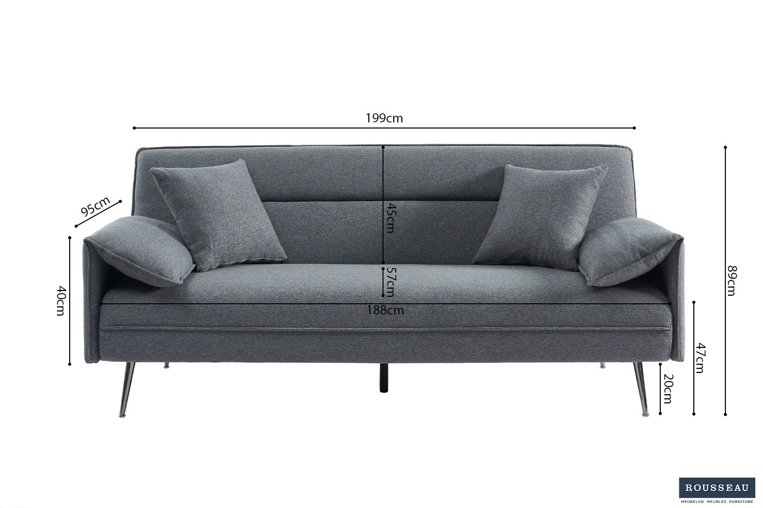 Rousseau - Canapé Lit clic-clac Sivas - Gris - 95x199x89 cm
