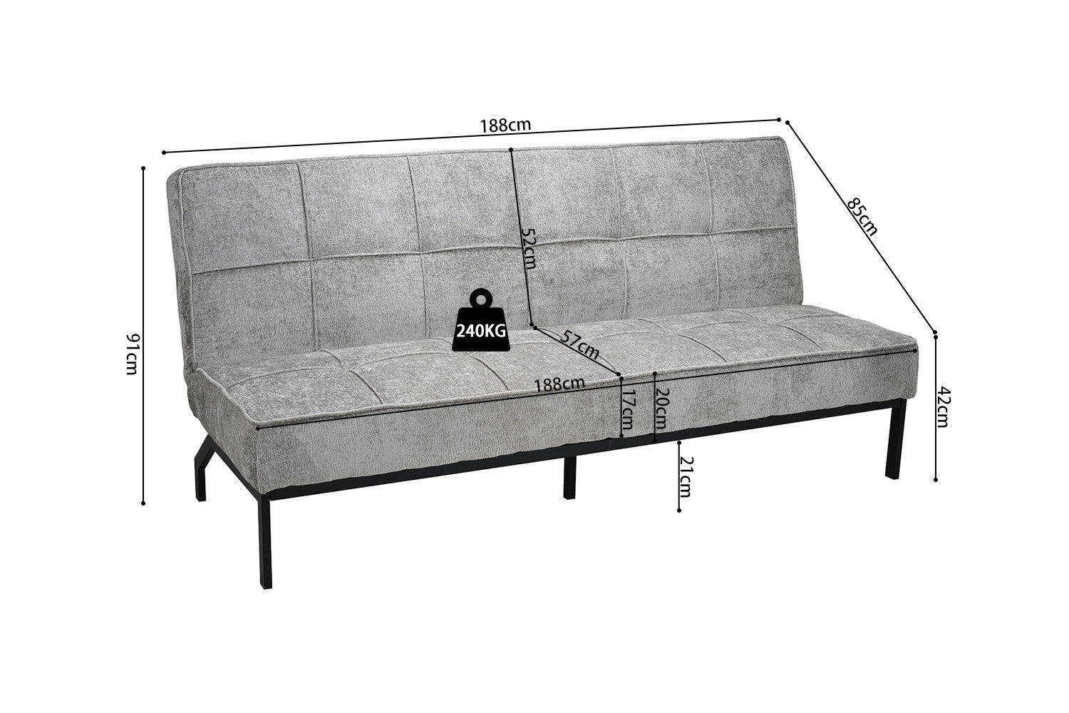 Rousseau - Zetelbed Konya Grijs - 91x188x85 cm