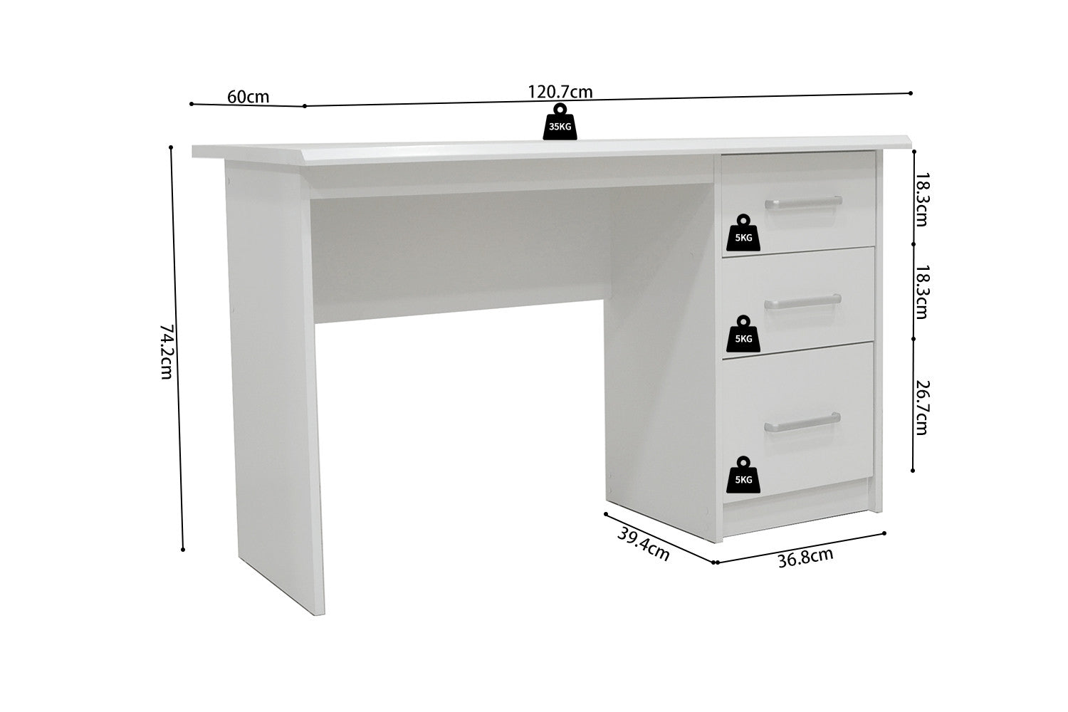 Rousseau - Bureau Mateo 3 tiroirs Blanc - 75x121x60 cm