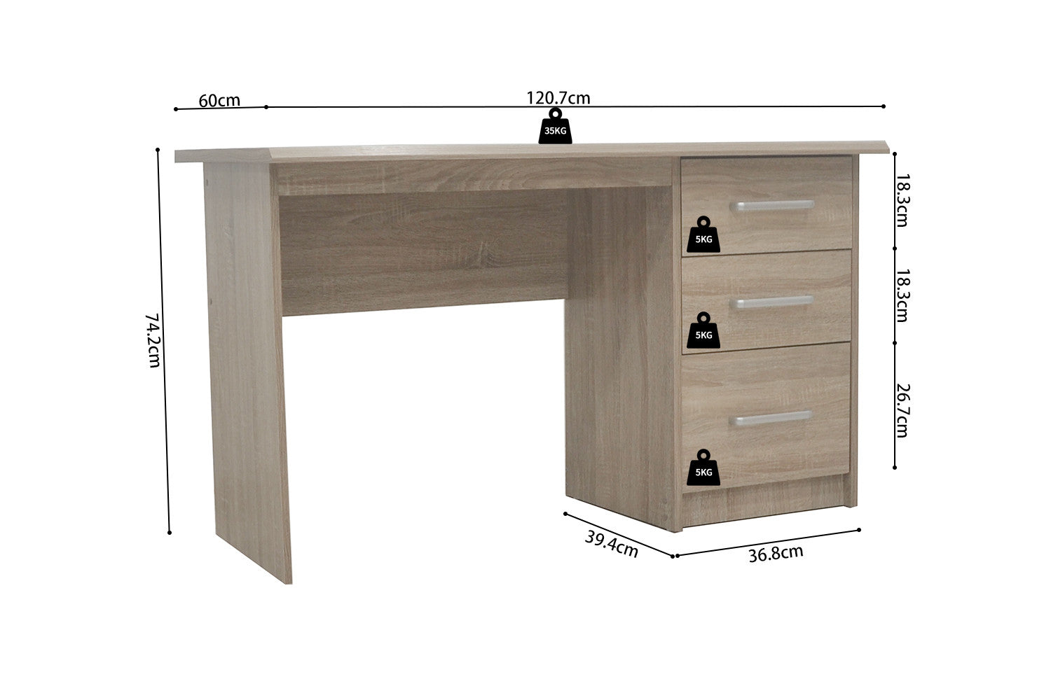 Rousseau - Bureau Mateo 3 lades Sonoma - 75x121x60 cm