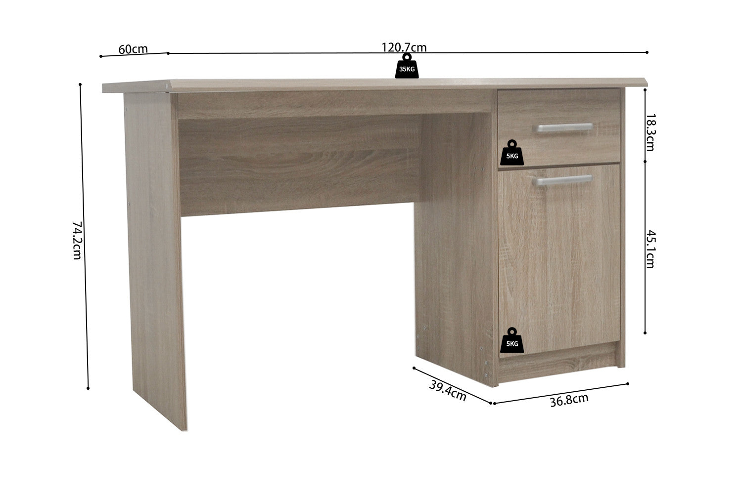 Rousseau - Bureau Milou 1 lade 1 deur Sonoma - 75x121x60 cm