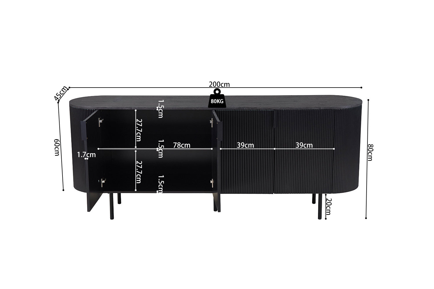 Rousseau - Buffet Lagos 200 cm Décor Marron Foncé - 80x200x45 cm
