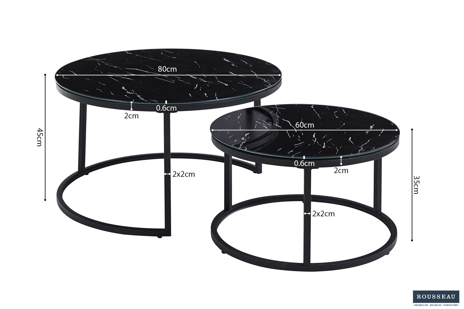 Rousseau - Salontafel Boston Decor Glas Marmer Zwart - 45x80x80cm
