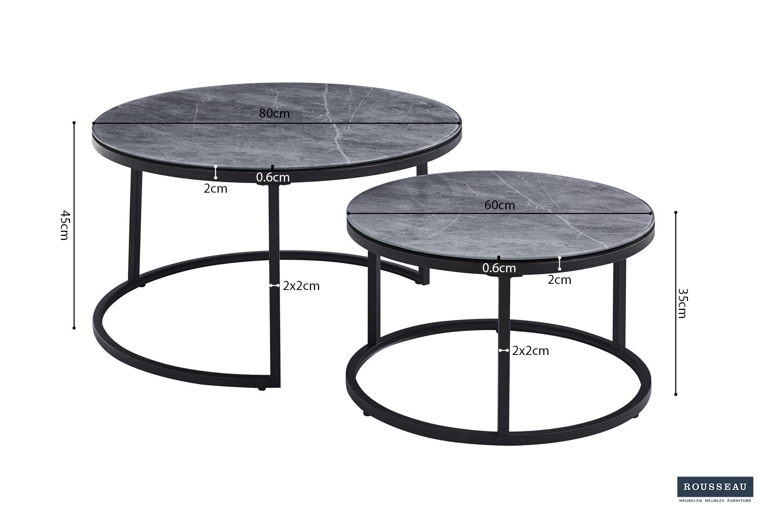 Rousseau - Salontafel Boston Decor Glas Steen Grijs - 45x80x80cm