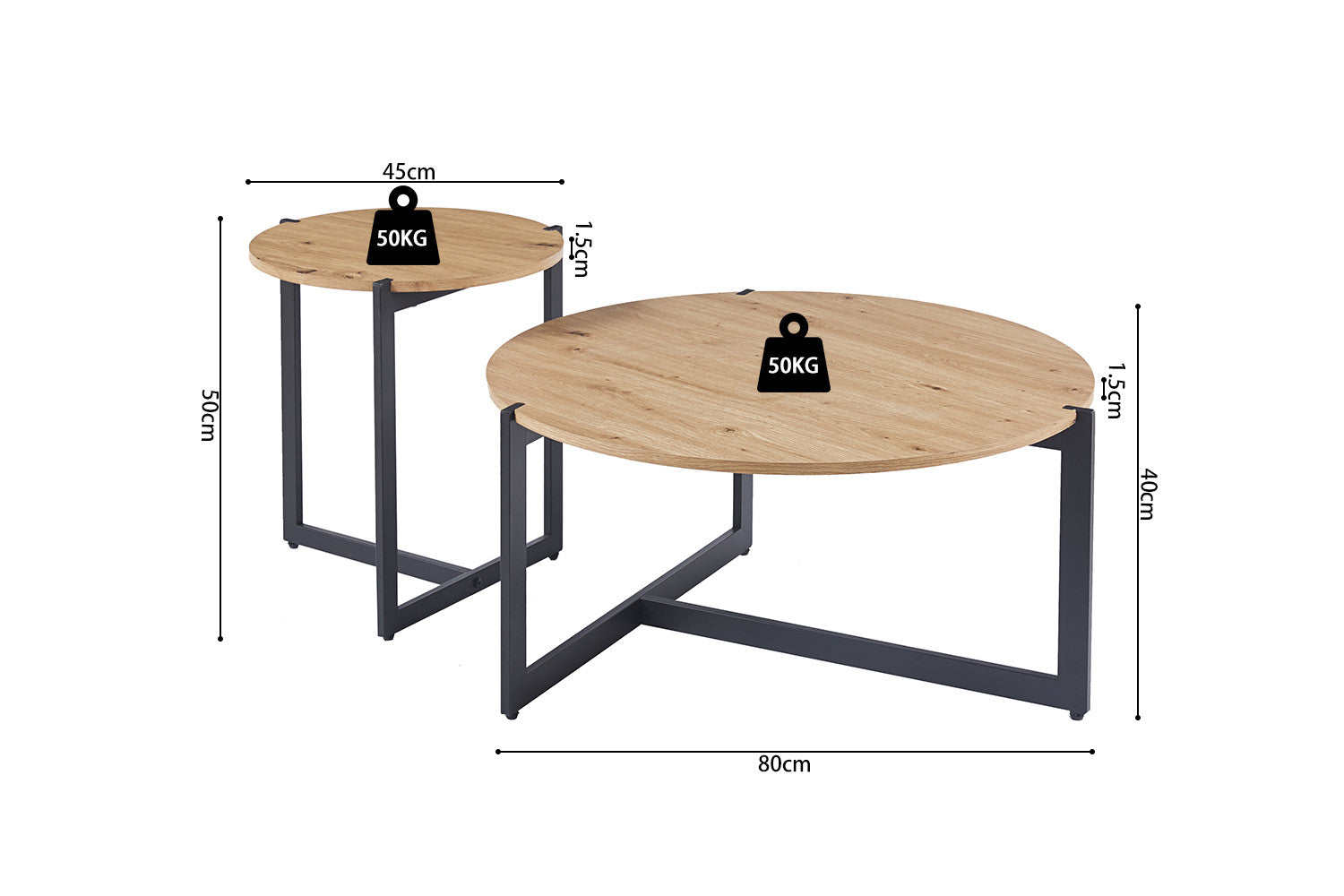 Rousseau - Set van 2 Salontafels Pola Decor Oude eik - 50x45x80cm