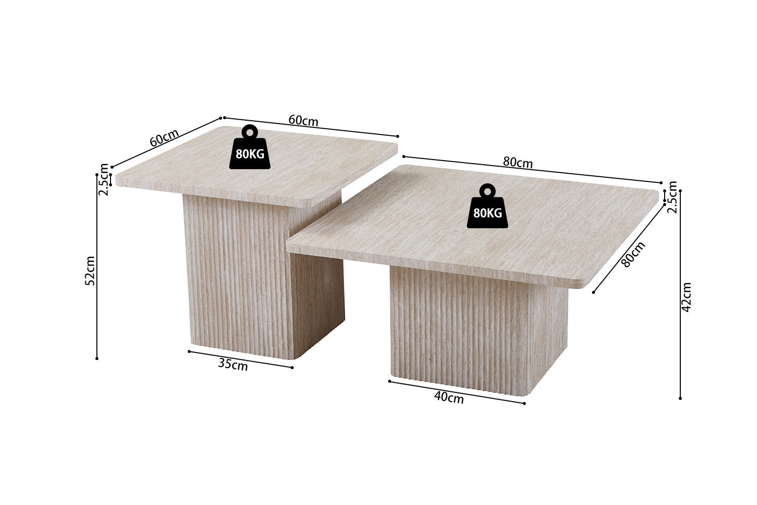 Rousseau - Set van 2 Salontafels Bobby Decor travertin Beige - 52x60x80cm