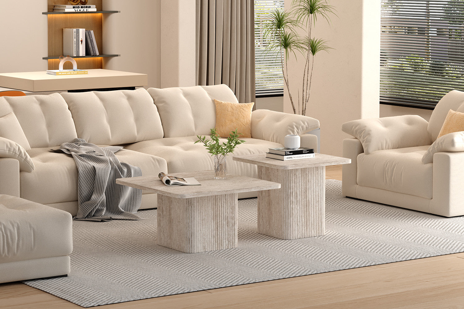 Rousseau - Set van 2 Salontafels Bobby Decor travertin Beige - 52x60x80cm