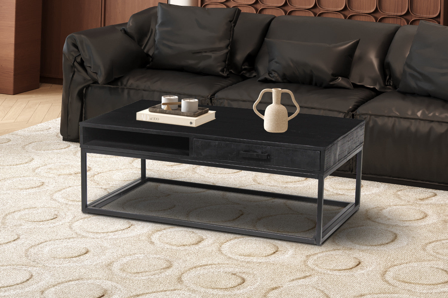 Rousseau - Salontafel Madeira met lade Mango hout zwart - 40x110x60 cm