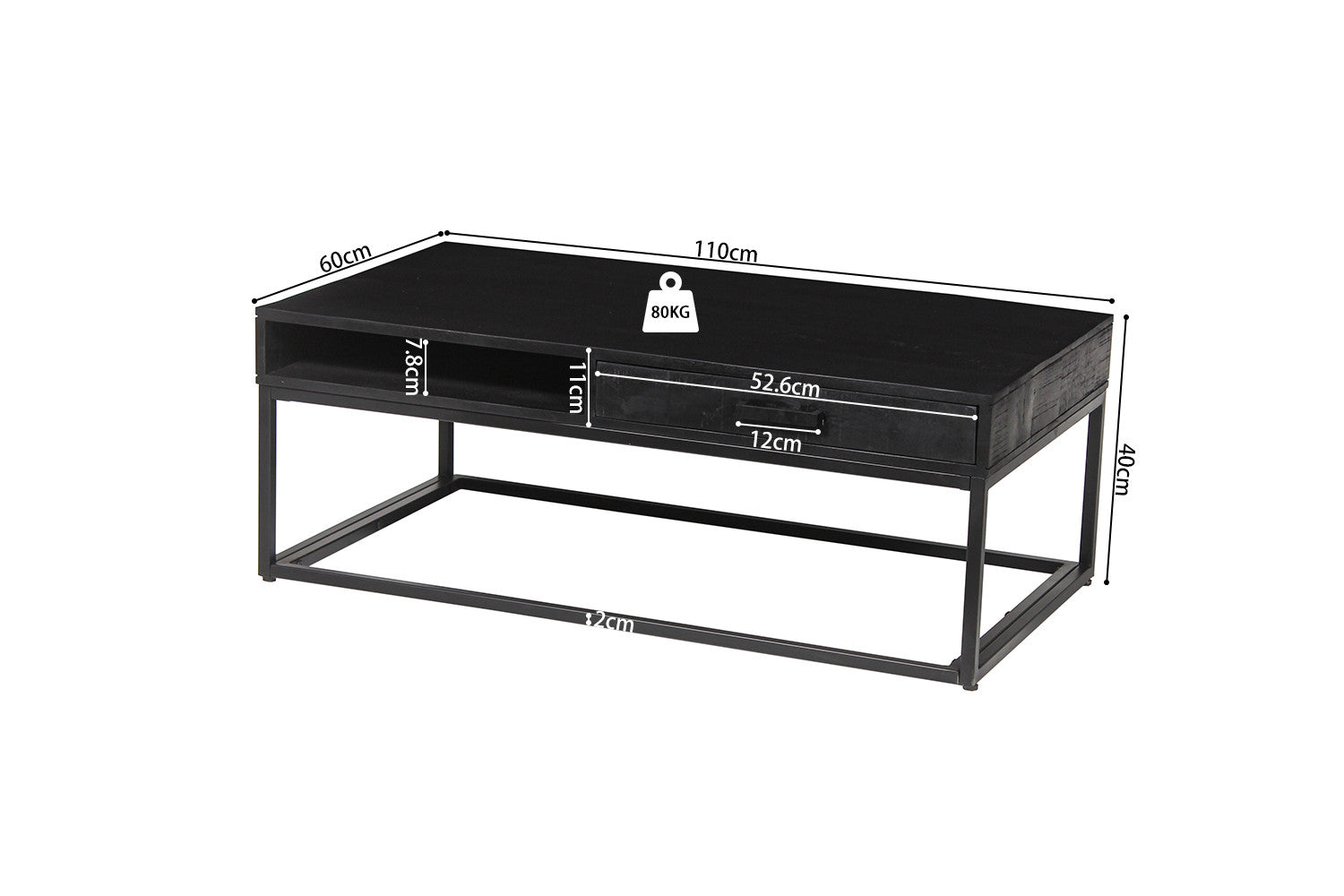 Rousseau - Salontafel Madeira met lade Mango hout zwart - 40x110x60 cm