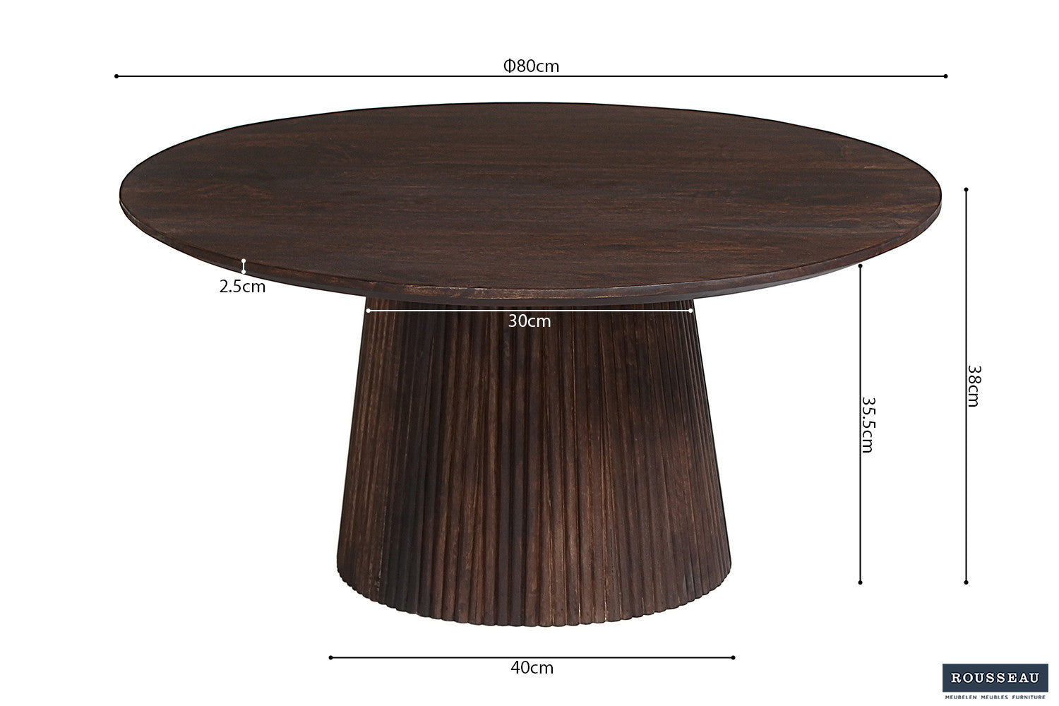 Rousseau - Salontafel Miguel 80 cm Rond Mango hout Donkerbruin - 38x80x80 cm