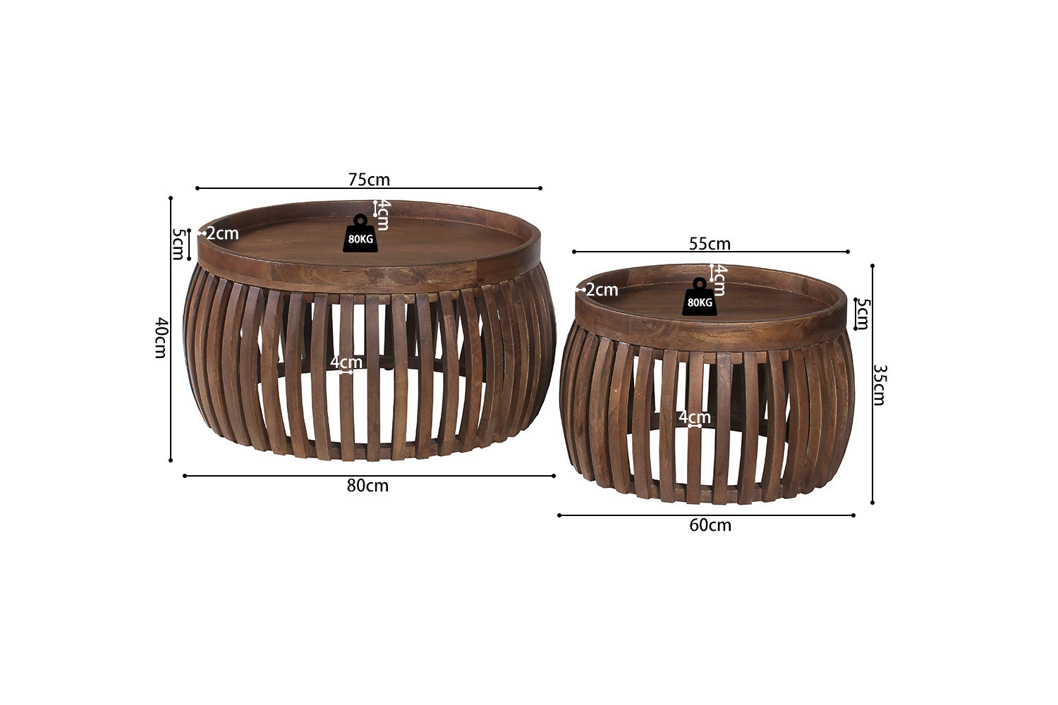 Rousseau - Salontafel Corry 2-delige set Mango hout Lichtbruin - 40x80x80cm