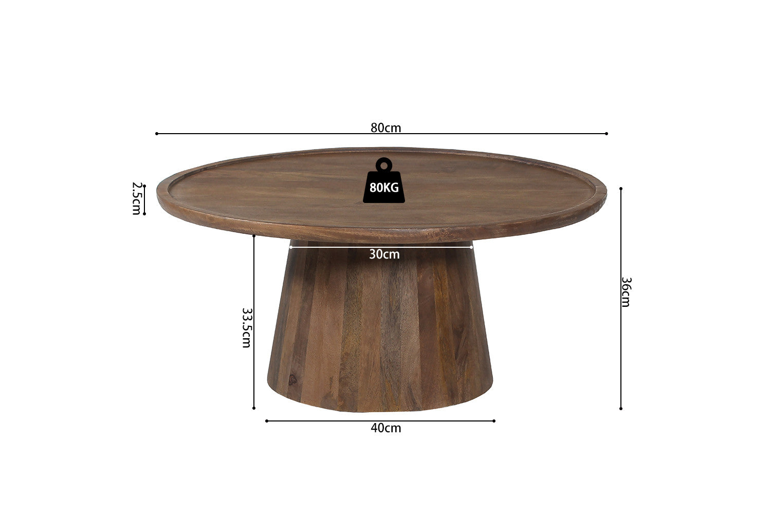 Rousseau - Salontafel Jules 80x36 cm Rond Mango hout Lichtbruin - 36x80x80 cm