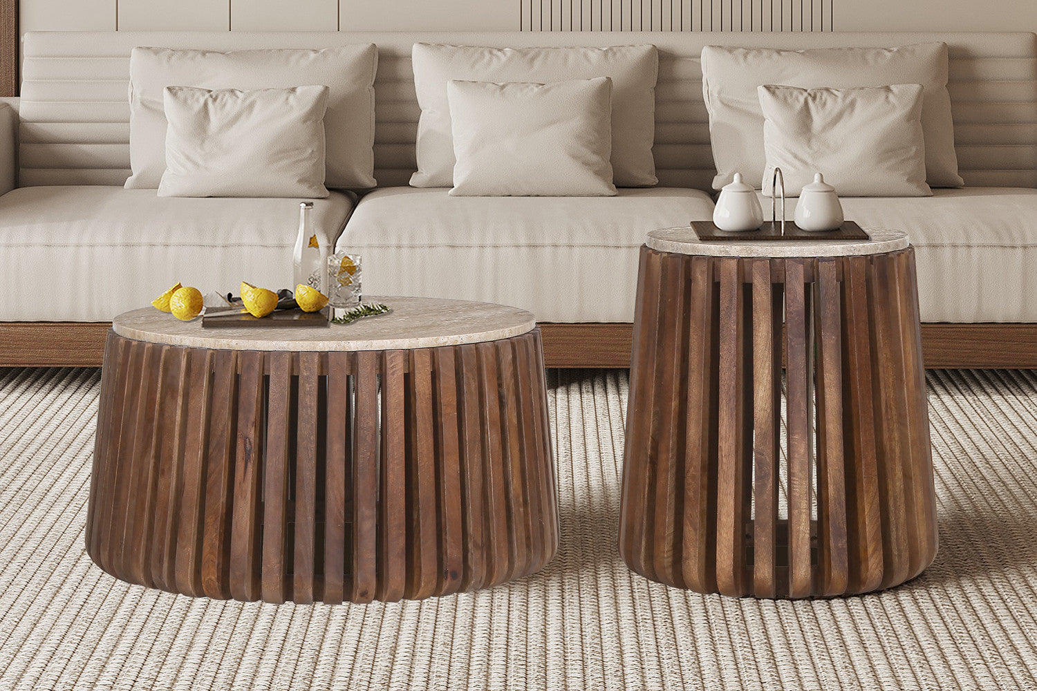Rousseau - Table basse Luuk 70 cm Ronde en Manguier et Travertin Beige - 40x70x70 cm