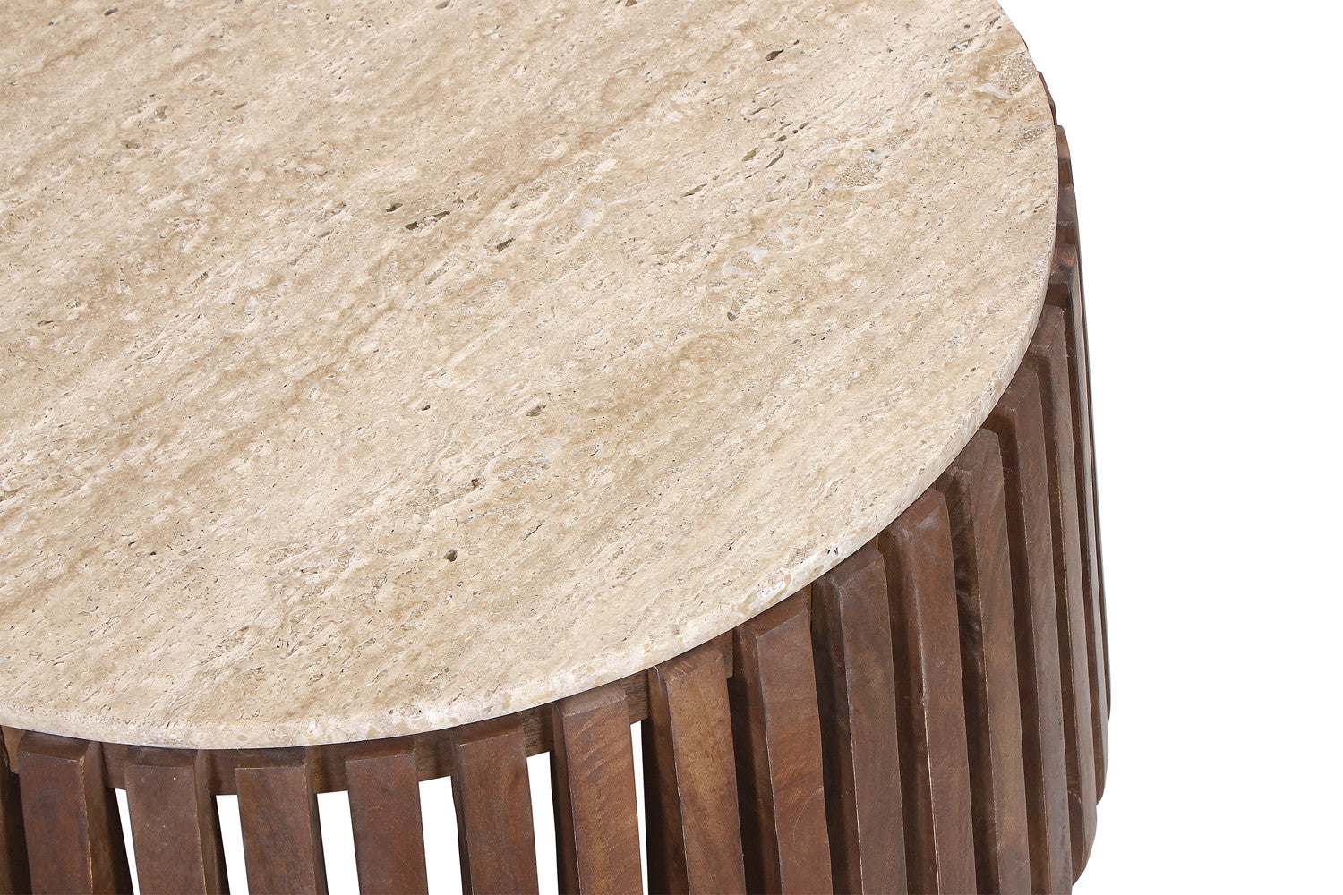 Rousseau - Salontafel Luuk 70 cm Rond Mango hout met Travertin Beige - 40x70x70 cm