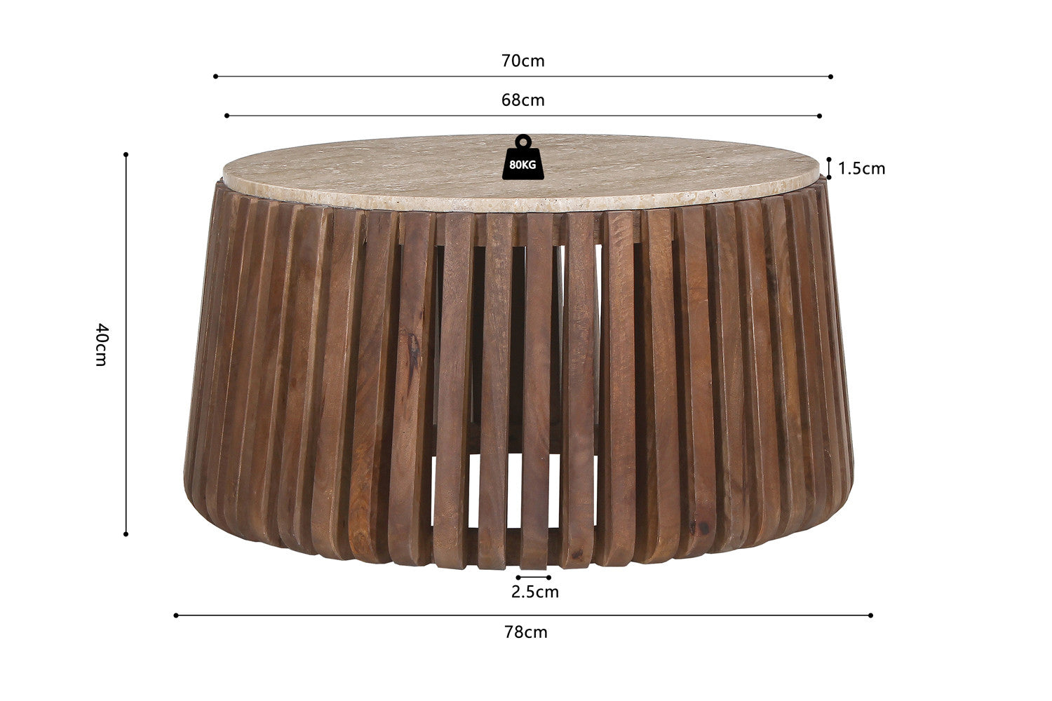 Rousseau - Salontafel Luuk 70 cm Rond Mango hout met Travertin Beige - 40x70x70 cm