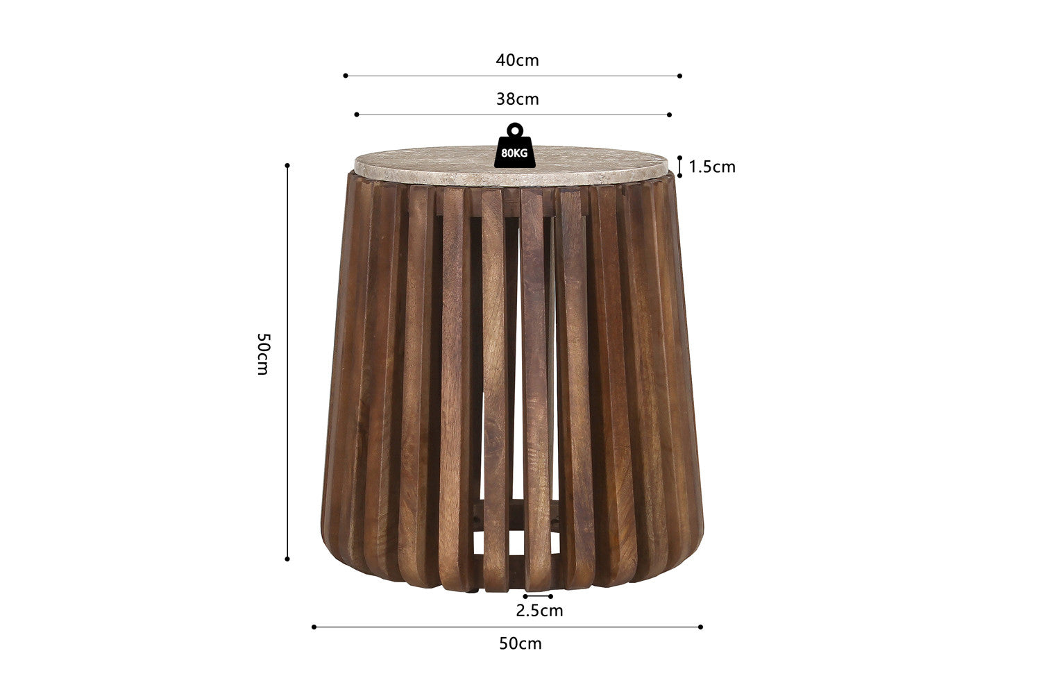 Rousseau - Table d'appoint Luuk 40 cm Ronde en Manguier et Travertin Beige - 50x40x40 cm