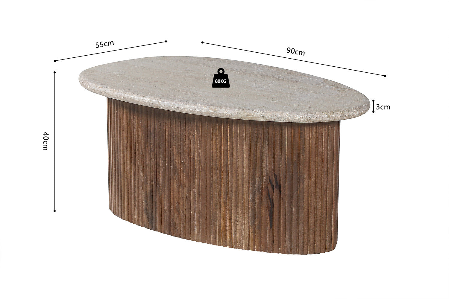 Rousseau - Salontafel Louis 90 cm Mango hout met Travertin Beige - 40x90x55 cm