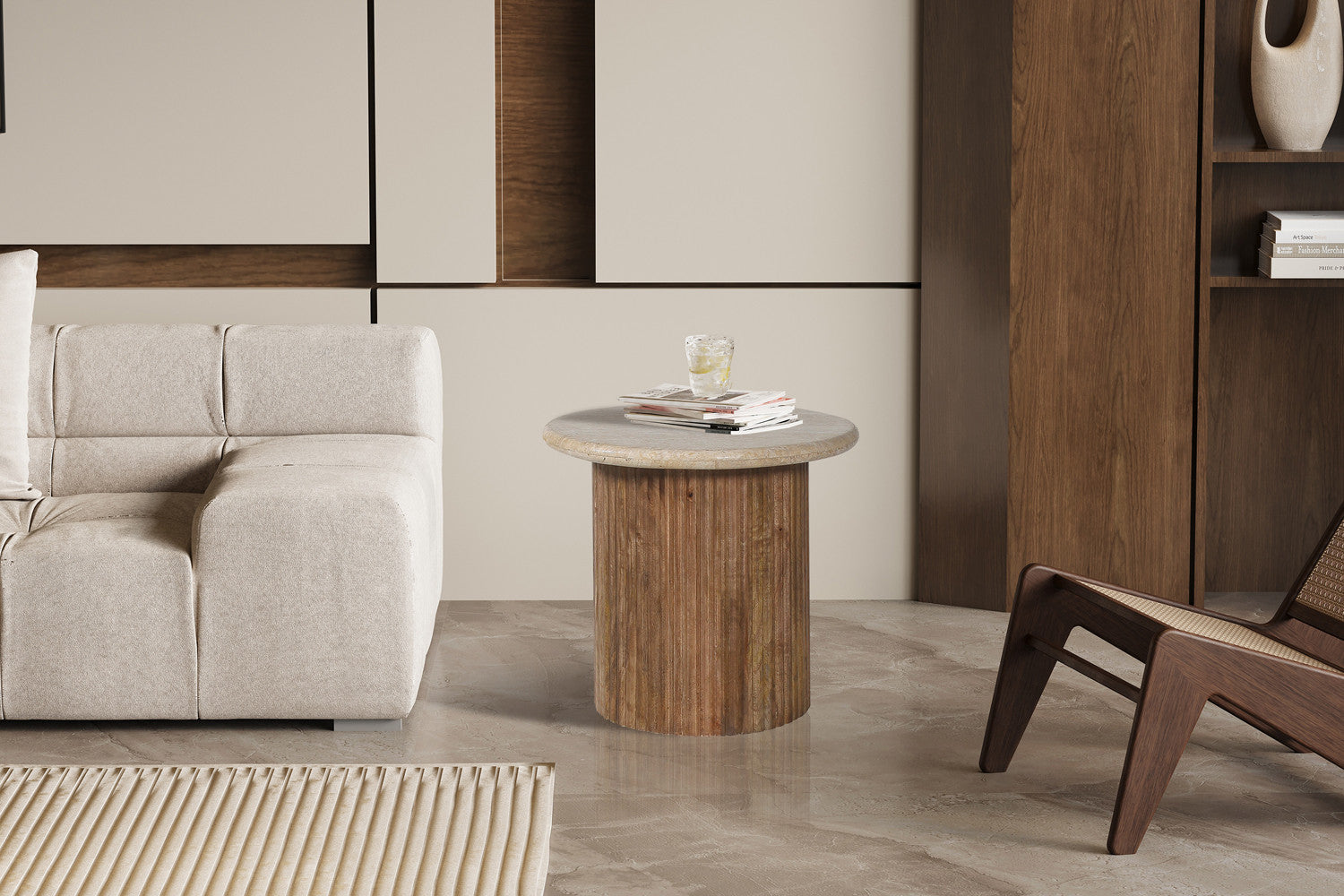 Rousseau - Table d'appoint Louis 50 cm Manguier et Travertin Beige - 45x50x50 cm
