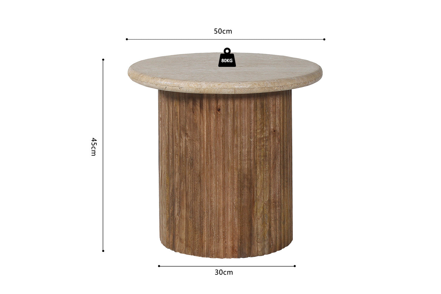 Rousseau - Table d'appoint Louis 50 cm Manguier et Travertin Beige - 45x50x50 cm