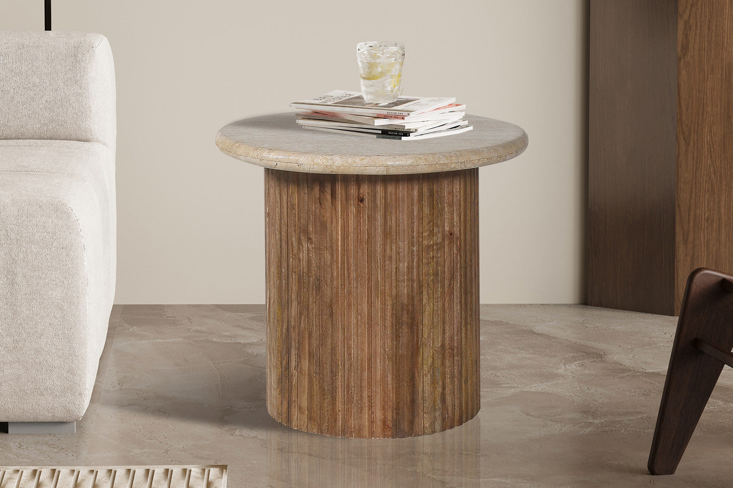 Rousseau - Bijzettafel Louis 50 cm Mango hout met Travertin Beige - 45x50x50 cm