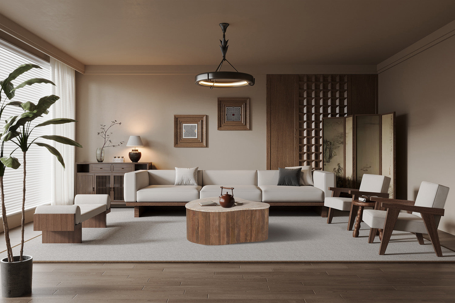 Rousseau - Salontafel Paul 83 cm Mango hout met Travetin Beige - 34x83x72 cm