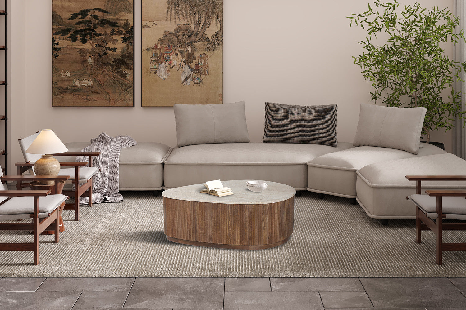 Rousseau - Salontafel Nolan 100 cm Mango hout met Travetin Beige - 35x100x80 cm