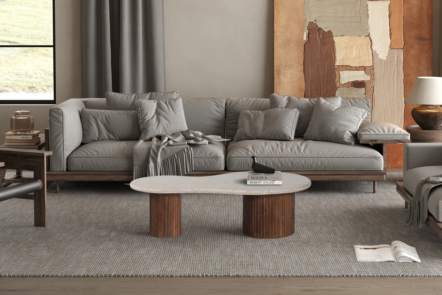 Rousseau - Salontafel Marlon 120 cm Mango hout met Travertin Beige - 40x120x60 cm