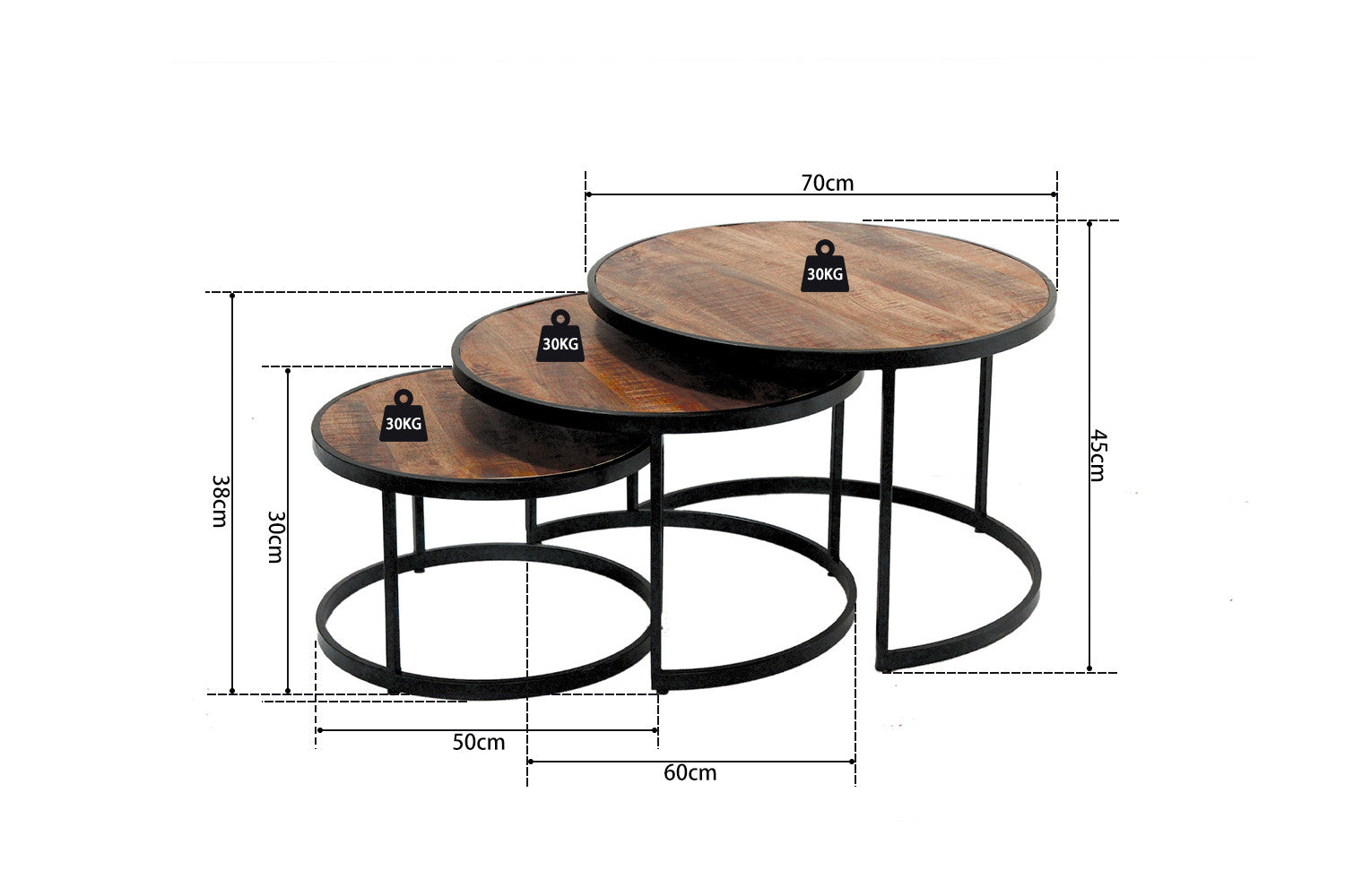 Rousseau - Salontafel Lennox 3-delig Mango hout - 45x70x70cm