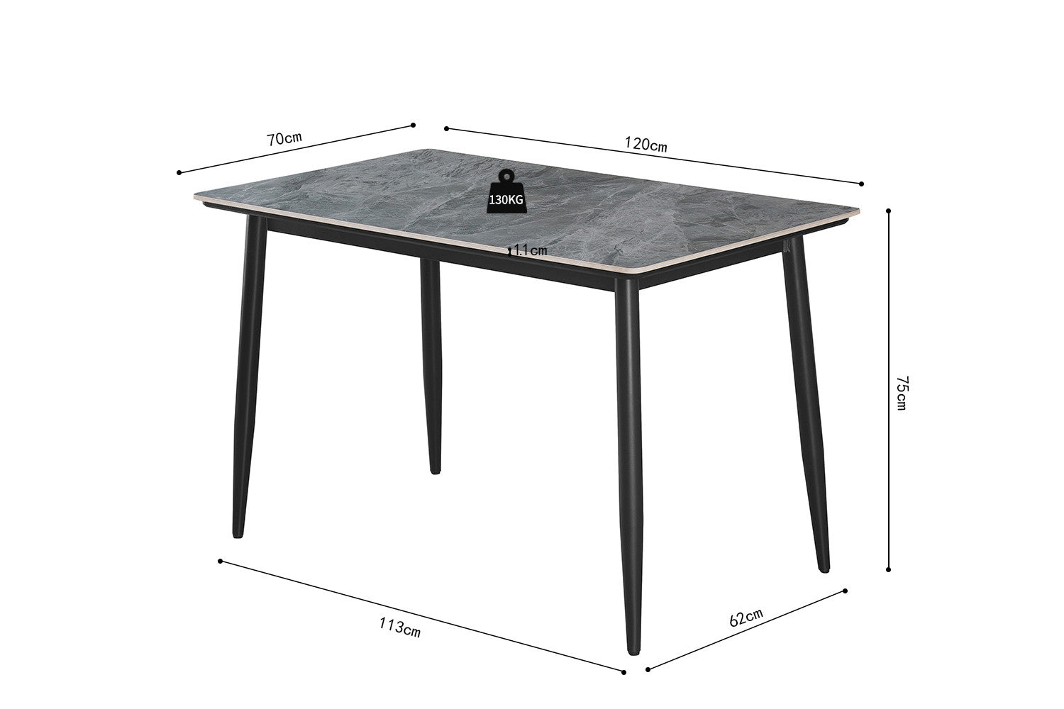 Rousseau - Tafel Kenzo 120 cm Rechthoekig Steen Grijs - 75x120x70cm