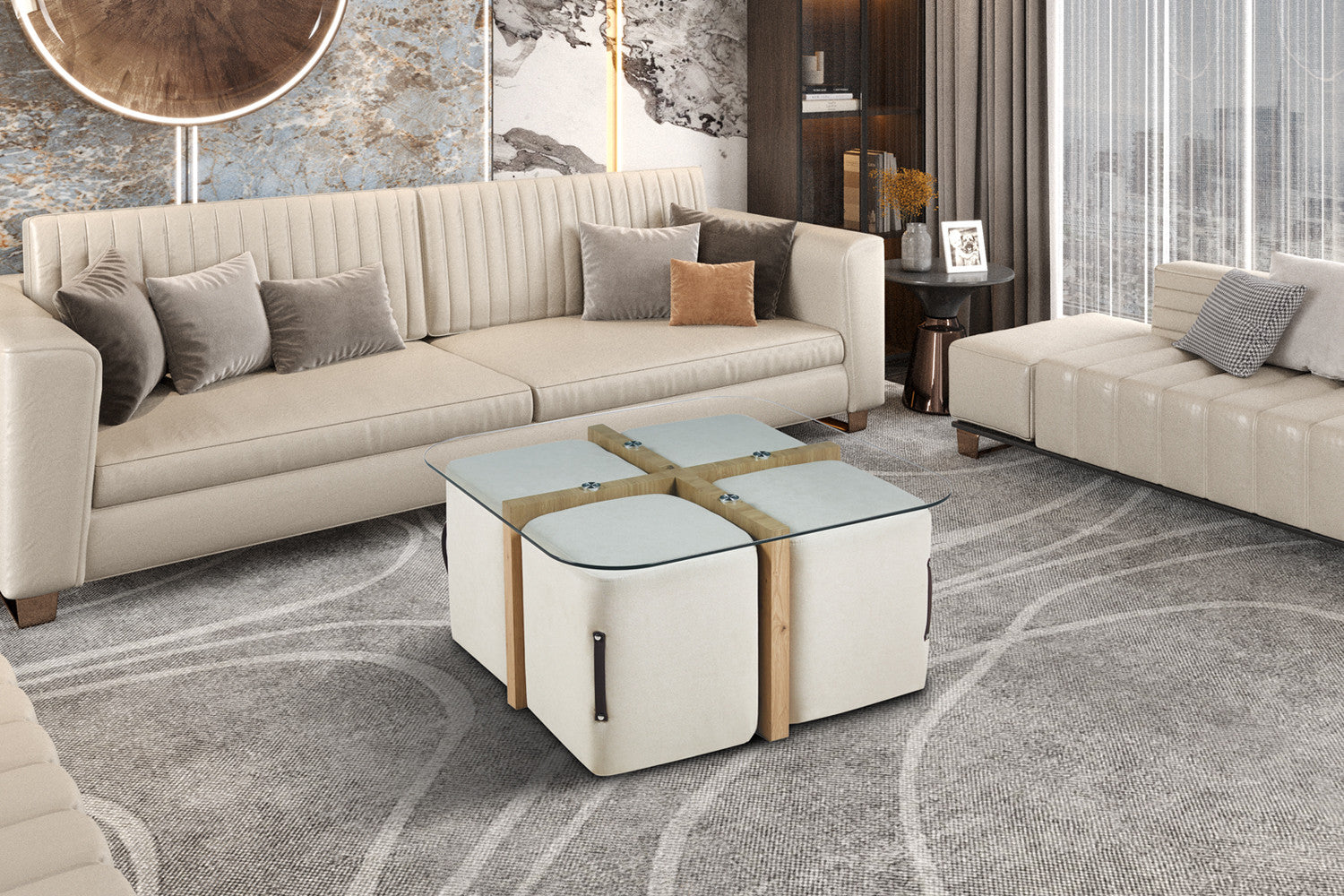 Rousseau - Salontafel Shana met 4 poefs stof Decor Oude eik - 45x90x90 cm