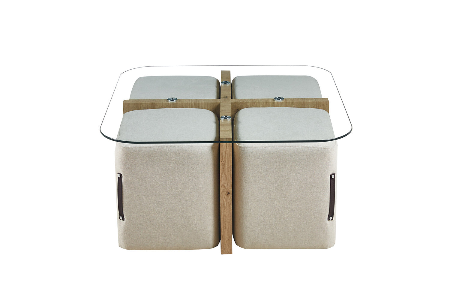 Rousseau - Salontafel Shana met 4 poefs stof Decor Oude eik - 45x90x90 cm