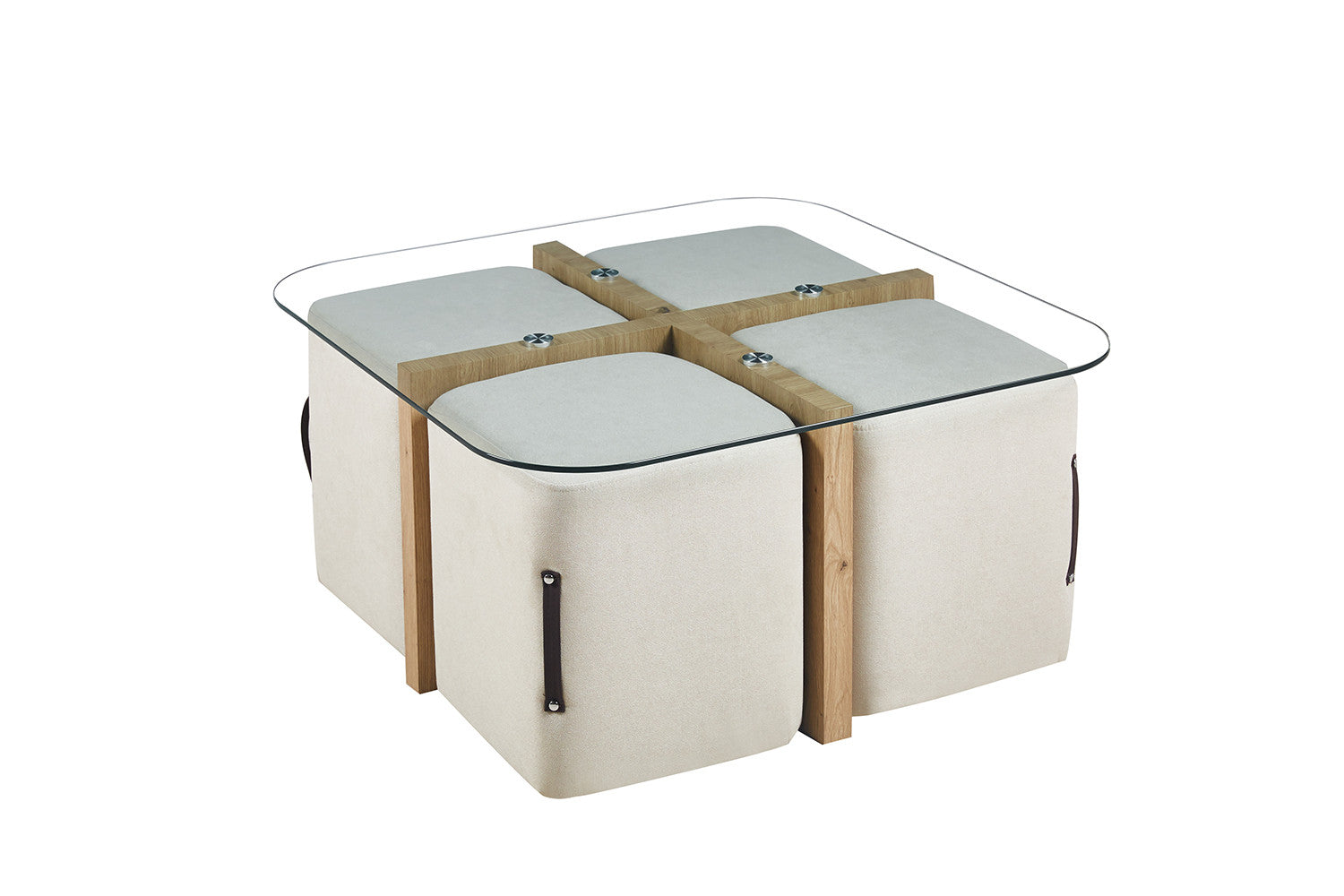 Rousseau - Salontafel Shana met 4 poefs stof Decor Oude eik - 45x90x90 cm