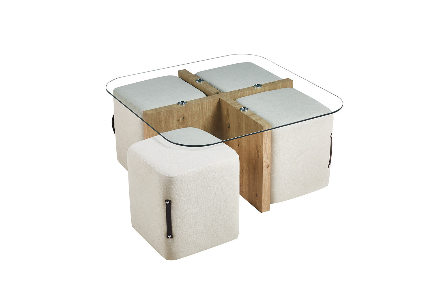 Rousseau - Salontafel Shana met 4 poefs stof Decor Oude eik - 45x90x90 cm