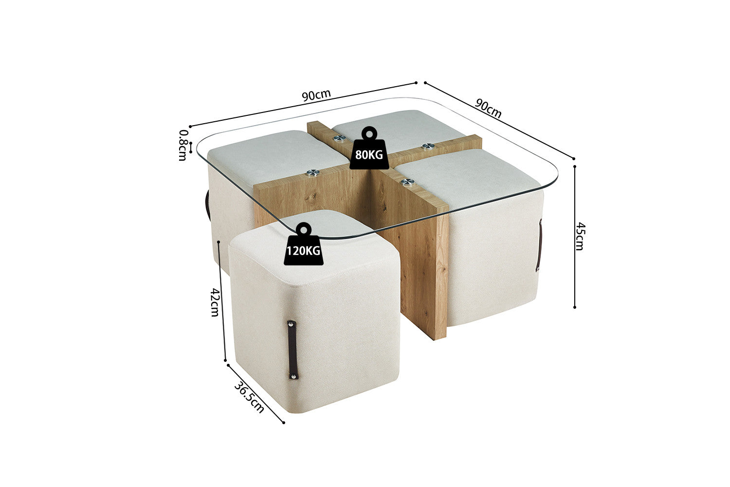 Rousseau - Salontafel Shana met 4 poefs stof Decor Oude eik - 45x90x90 cm