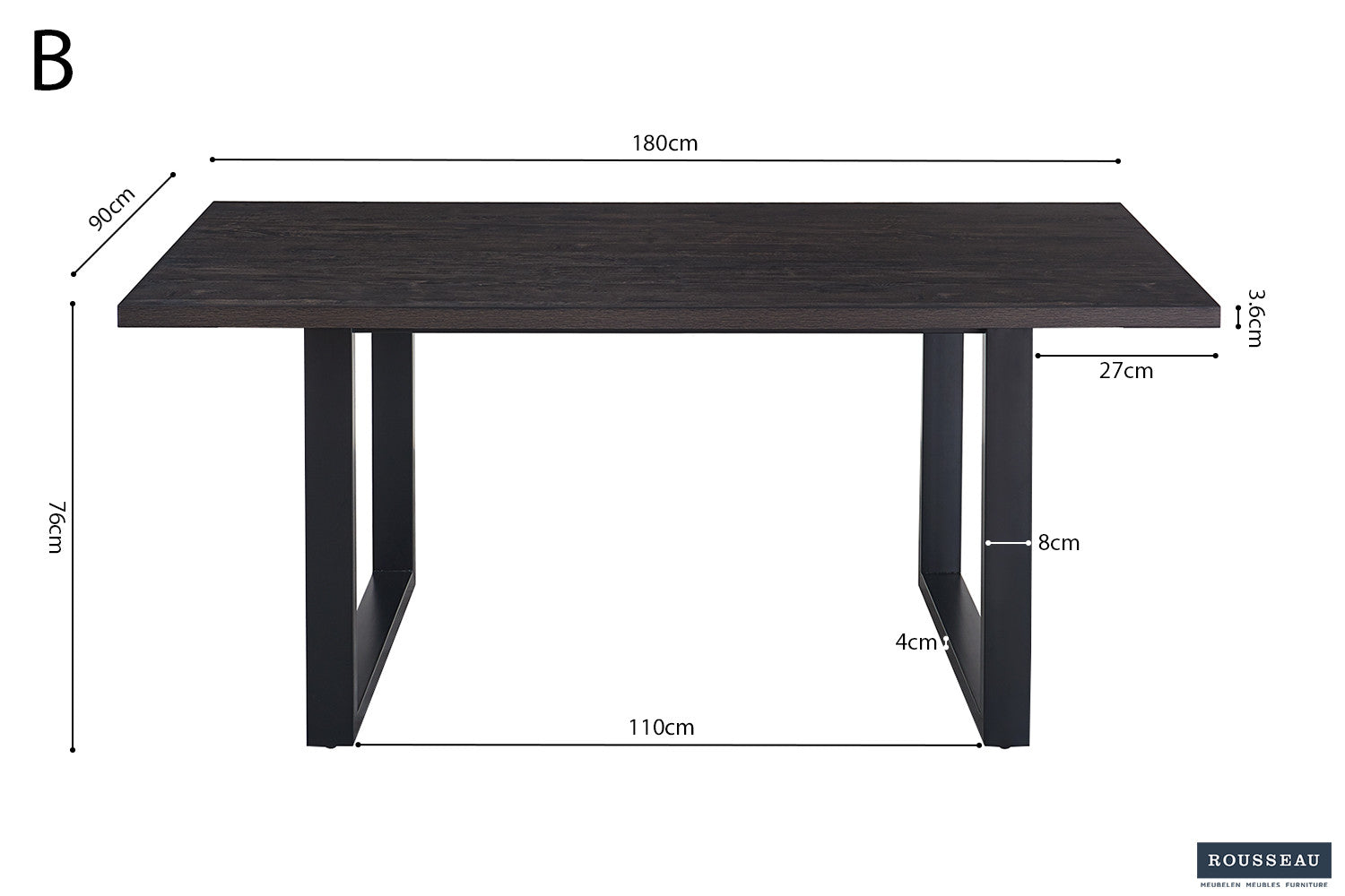 Rousseau - Tafel Alexander 180 cm Decor Donkerbruin - 76x180x90cm