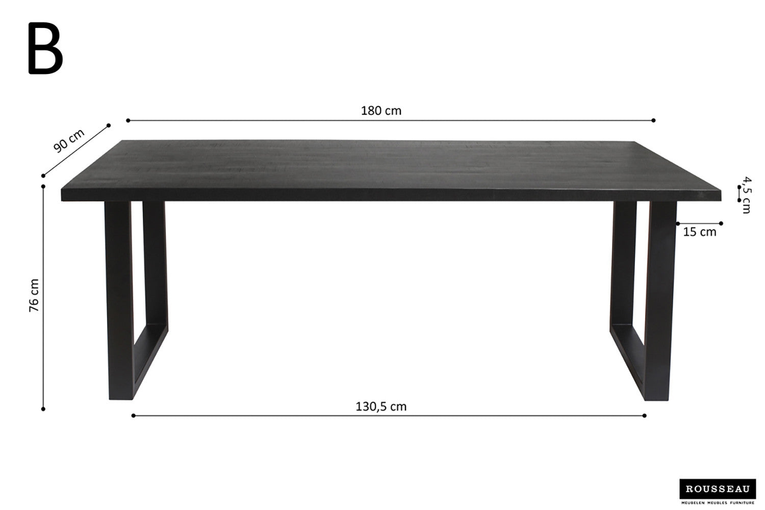Rousseau - Table Nicola 180 cm Rectangulaire Manguier noir - 76x180x90cm