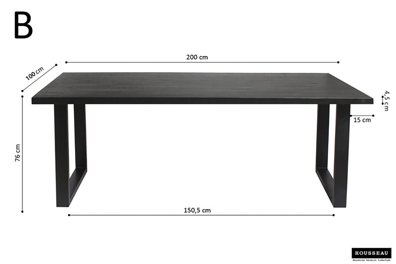 Rousseau - Tafel Nicola 200 cm Rechthoekig Mango hout zwart - 76x200x100cm