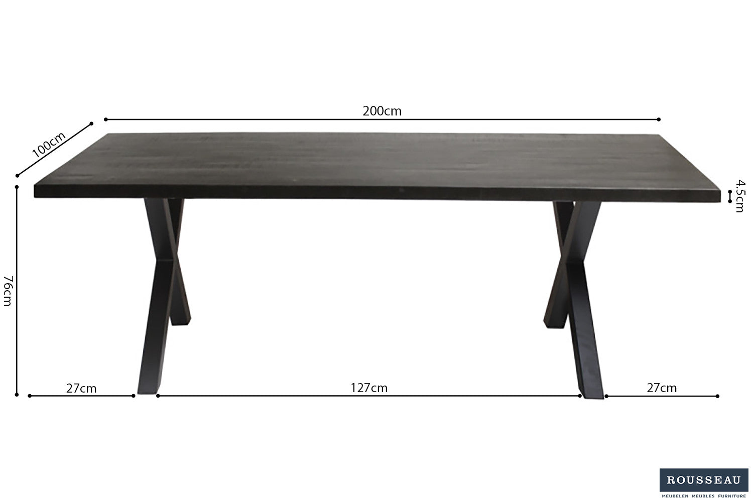 Rousseau - Tafel Elena 200 cm Rechthoekig Mango hout zwart - 76x200x100cm