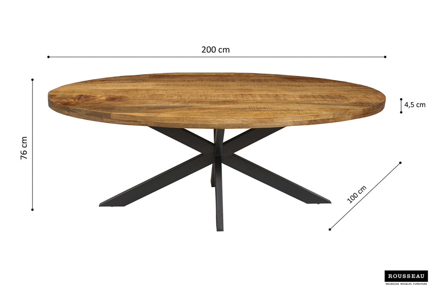 Rousseau - Tafel Alexa 200 cm Ovaal Mango hout - 76x200x100cm