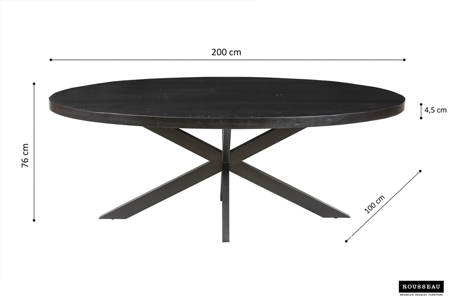 Rousseau - Tafel Alexa 200 cm Ovaal Mango hout zwart - 76x200x100cm