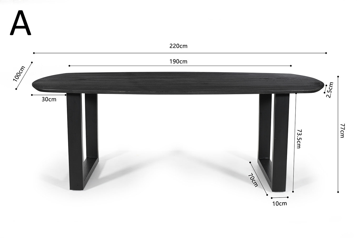 Rousseau - Tafel Tommy 220x100 cm Deens Ovaal U-Poot Mango hout Zwart - 77x220x100cm