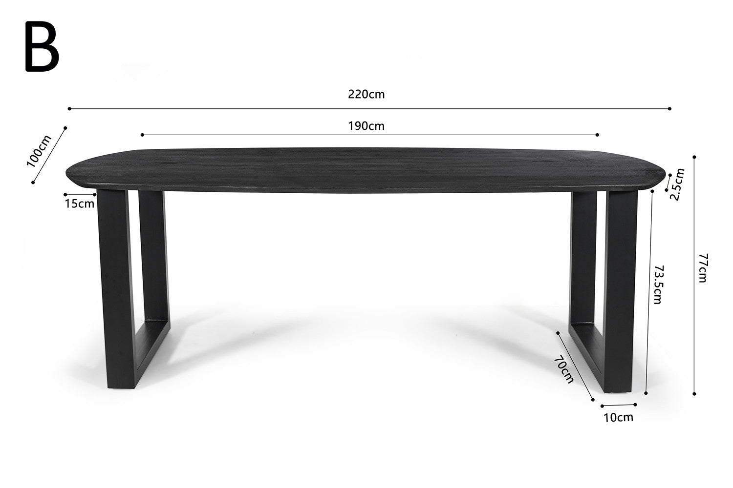 Rousseau - Tafel Tommy 220x100 cm Deens Ovaal U-Poot Mango hout Zwart - 77x220x100cm