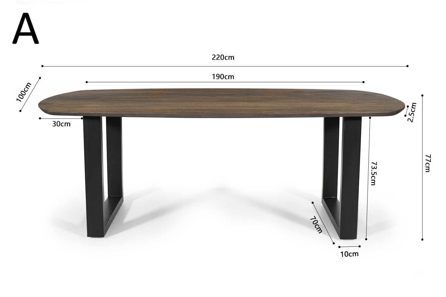 Rousseau - Tafel Tommy 220x100 cm Deens Ovaal U-Poot Mango hout Tabaco - 77x220x100cm