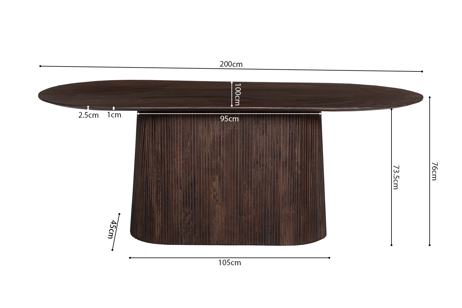 Rousseau - Tafel Miguel 200 cm Ovaal Mango hout Donkerbruin - 76x200x100 cm