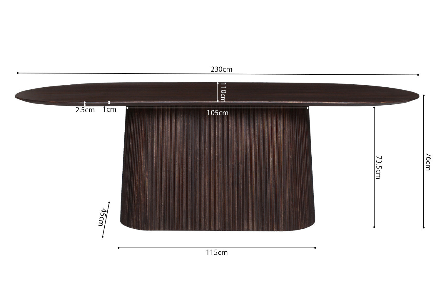 Rousseau - Tafel Miguel 230 cm Ovaal Mango hout Donkerbruin - 76x230x110 cm