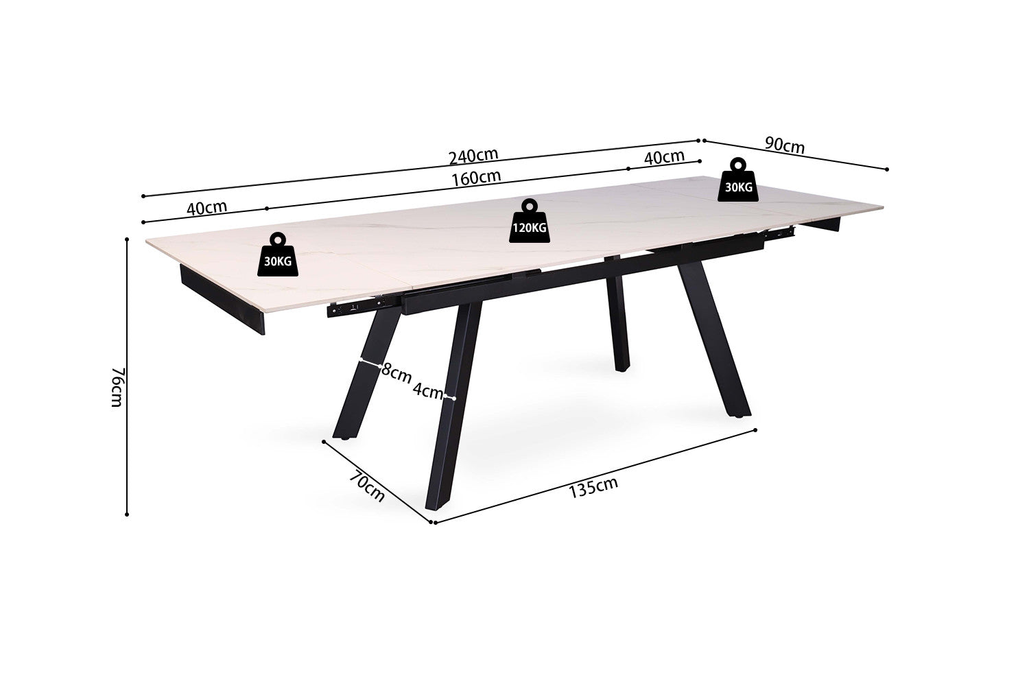 Rousseau - Table extensible Hera 160-240 cm Rectangulaire Pierre Blanc - 76x240x90cm